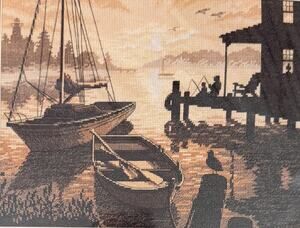 Dimensions Cross Stitch Kit Peaceful Silhouette 35018 Boats Dock Bird NIP Sealed